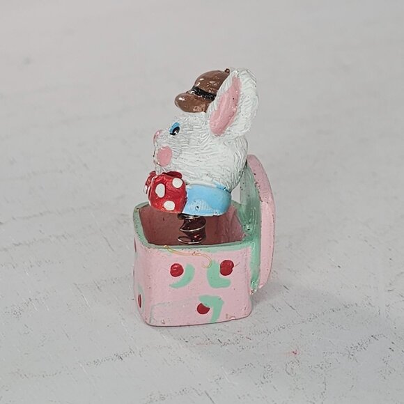 Miniature Bunny Rabbit Jack In The Box Dollhouse Figurine Pink Rose Hand Painted - Picture 5 of 7